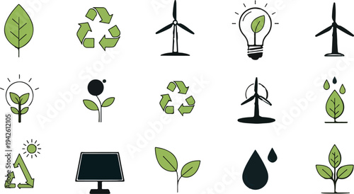 Eco friendly icons set for sustainable living and green energy solutions vector illustration