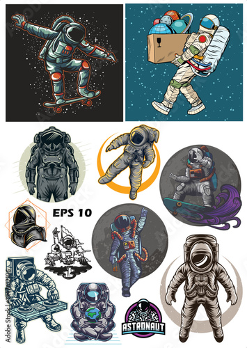 Mega Collection of Astronaut Vector Illustrations. Set of Space Traveler Mascots, Spacewalking Characters, and Galactic Sports Graphics