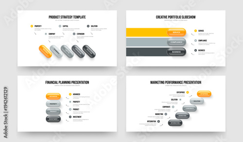 Company Briefing Five Three Four Element Diagram Presentation Template Vector Illustration Bundle. Advertising Development 5 3 4 Option Infographic Slide Design Set.