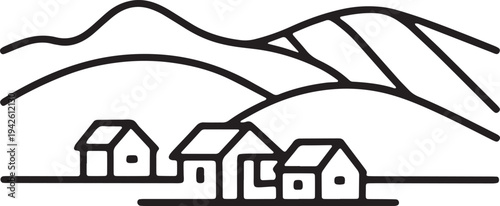 Rural landscape scenery featuring small village houses and rolling hills in minimalist line art