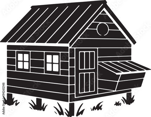 Rustic wooden chicken coop hen house silhouette resting on posts against transparent background