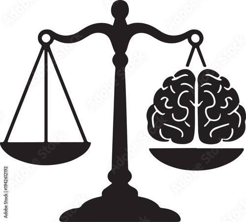Scales of justice balancing human brain against empty tray representing wisdom choice