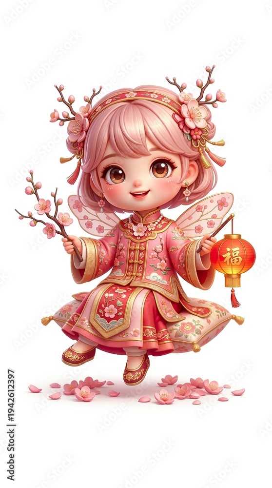 Fototapeta premium Cute Chibi Plum Blossom Spirit 3D Illustration for Asian Lunar New Year, pure white background