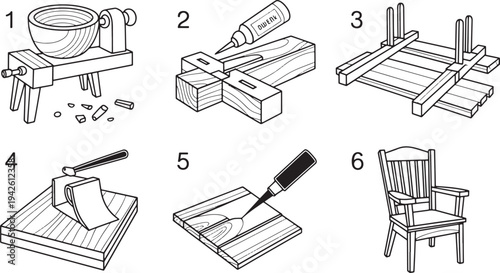 Six steps illustrating woodworking process for making chair assembly furniture