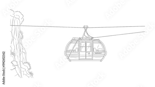 Cable Car Journey: A detailed sketch captures the design of a cable car suspended on a sturdy cable, traversing the natural beauty and rugged terrain.