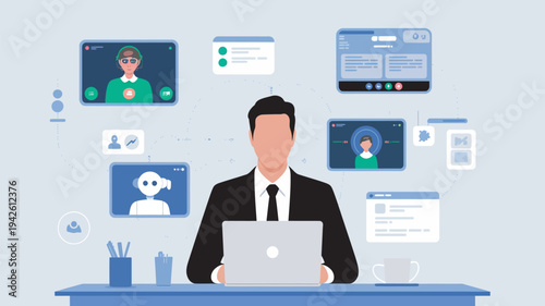 A businessman working on his laptop with various digital communication icons floating around him in a virtual office setting.