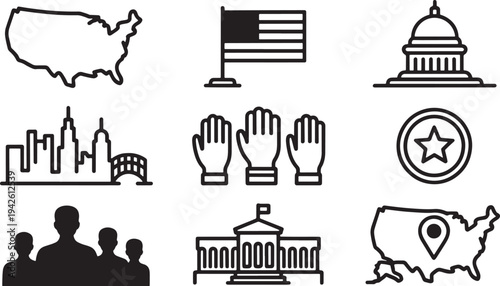 United states map flag capitol building city skyline hands voting crowd icons set silhouette line