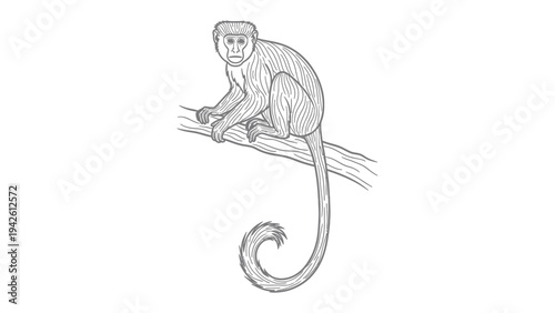 Monkey's Perch: A meticulously drawn illustration depicts a monkey perched gracefully on a branch, showcasing the details of its fur, expressive face, and long, curved tail.