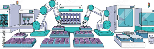 Robots assemble products on factory production line with machinery and equipment