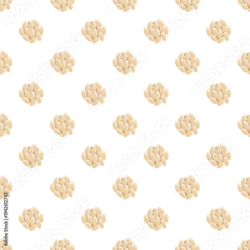 Pile of pine nuts forming a repeating seamless pattern on white background