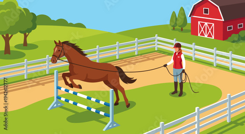 Horse Trainer Training Jumping Horse

Flat vector illustration of a horse trainer guiding a horse through jumping practice over a small obstacle. Outdoor riding arena visible. Flat vector style