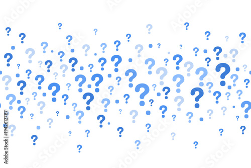 Question mark background with seamless pattern of blue icons. Quiz FAQ poster design and survey template. Vector abstract bg