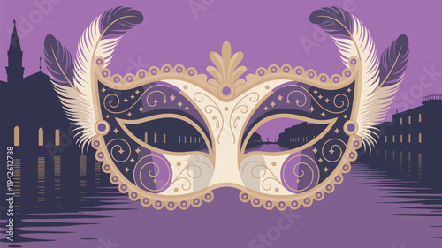 A lavish masquerade mask with feathers and gold accents against a purple cityscape at dusk