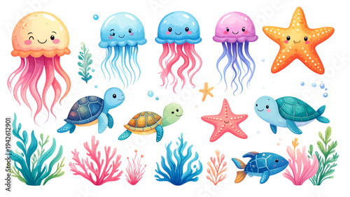 Cute sea creature vector set with jellyfish starfish coral seaweed and smiling underwater animals isolated on white background for nursery ocean designs