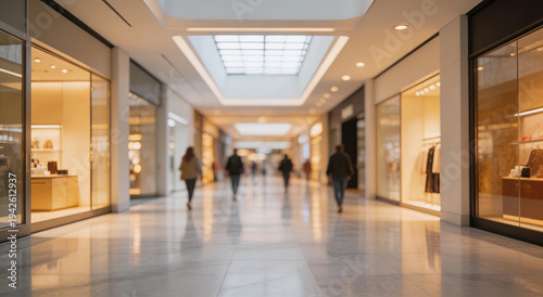 Interior view of a modern shopping mall with glass storefronts, shoppers walking on polished floors, and bright lighting creating a vibrant retail environment.