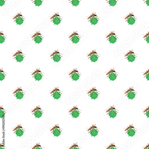 Mosquitoes carrying green virus particles on a white background creating a seamless pattern