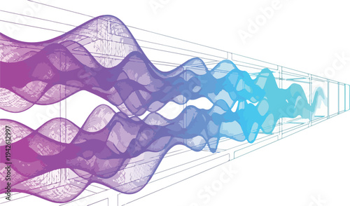Vibrant waves of purple and blue undulate through a grid-based environment in a technical illustration.