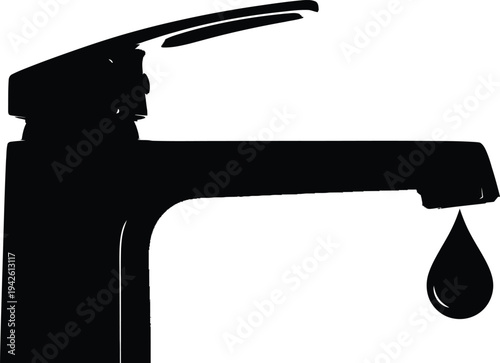 Leaking Faucet Silhouette with Single Water Drop on White Background