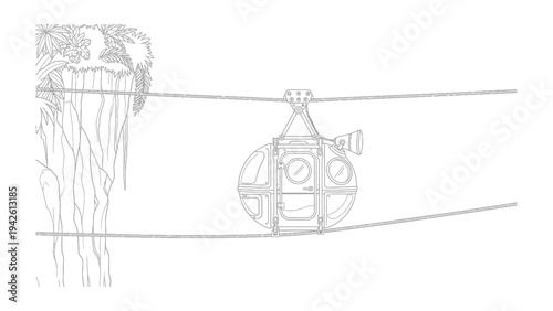 Sky Ride Adventure: Artistic illustration of a cable car traversing across a dense, verdant forest, offering a thrilling aerial experience.