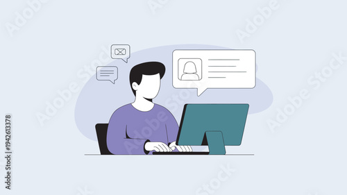 A man sitting at a desk working on a computer with chat bubbles above his head