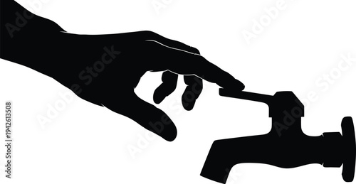 Hand Turning Faucet Tap on White Background Silhouette