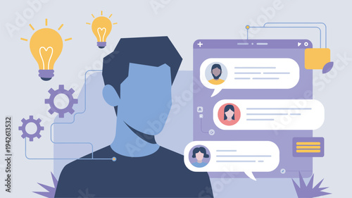 A man with a thoughtful expression surrounded by chat bubbles and light bulbs representing ideas and communication