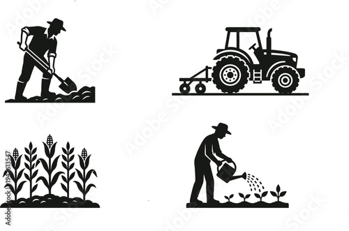 Farmer Working in Field with Tractor and Agriculture Cultivation Silhouette Icons Set