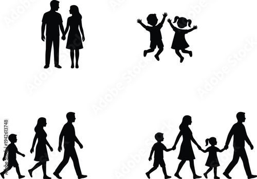 Happy Family Walking and Kids Jumping for Joy Silhouette Vector Illustration Set