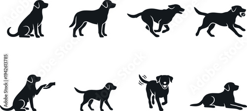 Labrador Retriever Dog Silhouettes Set with Various Poses Including Sitting Running and Playing