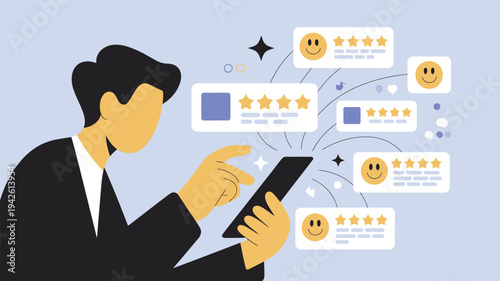 A man in a suit is checking customer reviews on his tablet with satisfaction ratings and emojis.