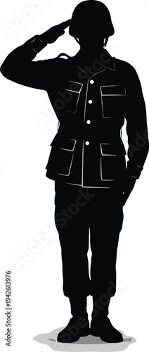 Soldier silhouette saluting military uniform standing pose patriotic army character isolated black design illustration