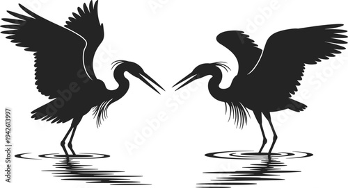 Crane bird silhouette pair standing in water with spread wings facing each other, elegant wading birds reflection vector illustration isolated for wildlife logo design