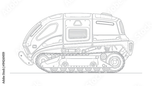 Conceptual Vehicle Design: An innovative concept sketch presents a futuristic, tracked vehicle, emphasizing its unique form and mechanical intricacy.