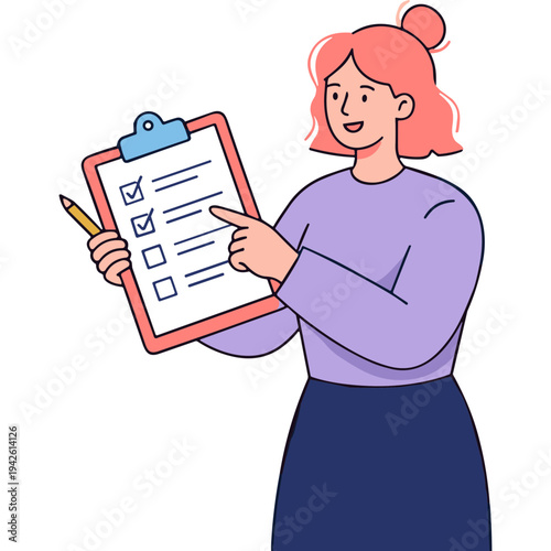 A woman holding a clipboard and pointing to a checklist with a pencil in her hand
