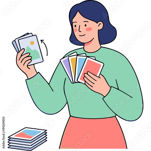 Woman holding and showing colorful postcards in her hands standing indoors