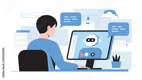 A man interacts with a chatbot on his computer, surrounded by digital communication elements.
