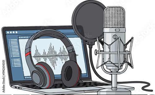 Professional podcasting setup with laptop and studio microphone vector illustration, flat design
