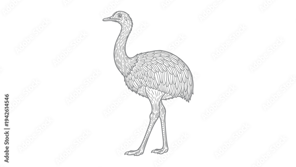 Obraz premium Emu Standing: A detailed, monochrome illustration of a tall emu in a poised stance, showcasing its unique form and elegant posture.