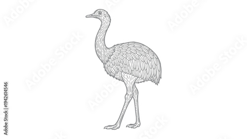 Emu Standing: A detailed, monochrome illustration of a tall emu in a poised stance, showcasing its unique form and elegant posture. 