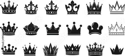 This versatile vector icon set features a diverse array of crown styles, from classic king and queen emblems to minimalist and modern tiara and coronet designs, making it a trending asset