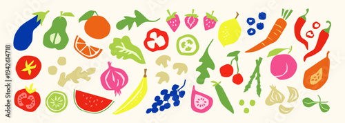 Colorful Fruits and Vegetables. Fresh produce illustrations of whole and sliced citrus, berries, tomato, eggplant, carrot and leafy greens with market ingredients for food design