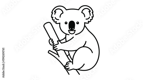 Koala Bear on Tree Branch Illustration: A charming line art illustration of a cuddly koala bear, clinging to a sturdy tree branch with a contented smile.