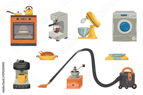 Home appliances collection illustration. Kitchen and cleaning devices set isolated, perfect for electronics stores, catalogs, household ads and smart home designs.