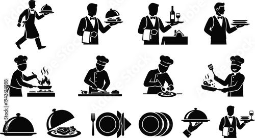 Professional Chef and Waiter Silhouette Icons Set for Restaurant and Catering Services