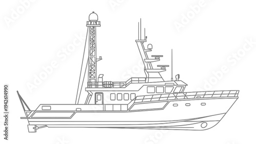 Ocean Navigator: A sleek and detailed line drawing of a maritime vessel, ready to traverse the vast ocean, a symbol of exploration and maritime industry.