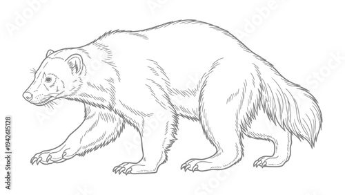 Wolverine Sketch: A detailed monochrome sketch of a wolverine walking, showcasing its muscular build and fierce gaze.