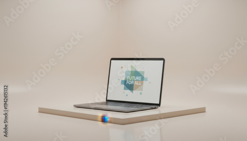 Modern Laptop on White Platform Displaying Future for All