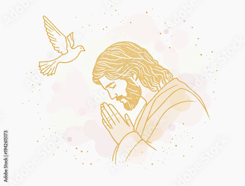 Continuous Gold Line Art of Jesus and Dove on Watercolor Background