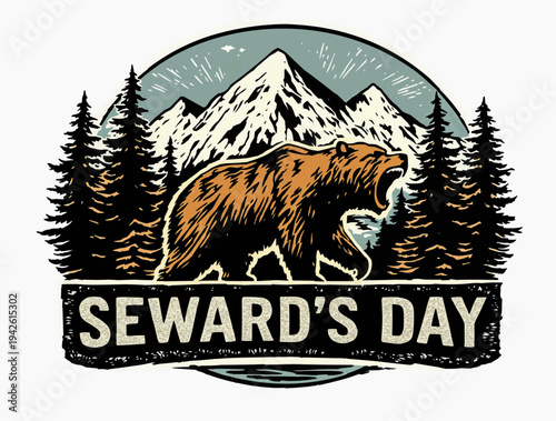 Vintage Alaskan Bear and Mountain Badge Vector for Seward Day