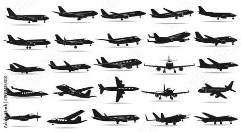 Collection of Airplane Silhouettes - Diverse Aircraft Designs in Vector Format.